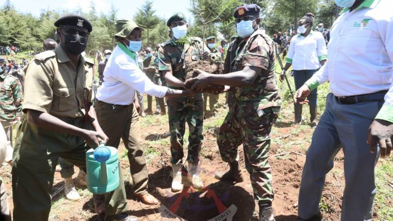 KENYA ARMY TROOPS AND GREEN BELT MOVEMENT PERSONNEL PLANT 180,000 TREE SEEDLINGS IN KAMARA FOREST