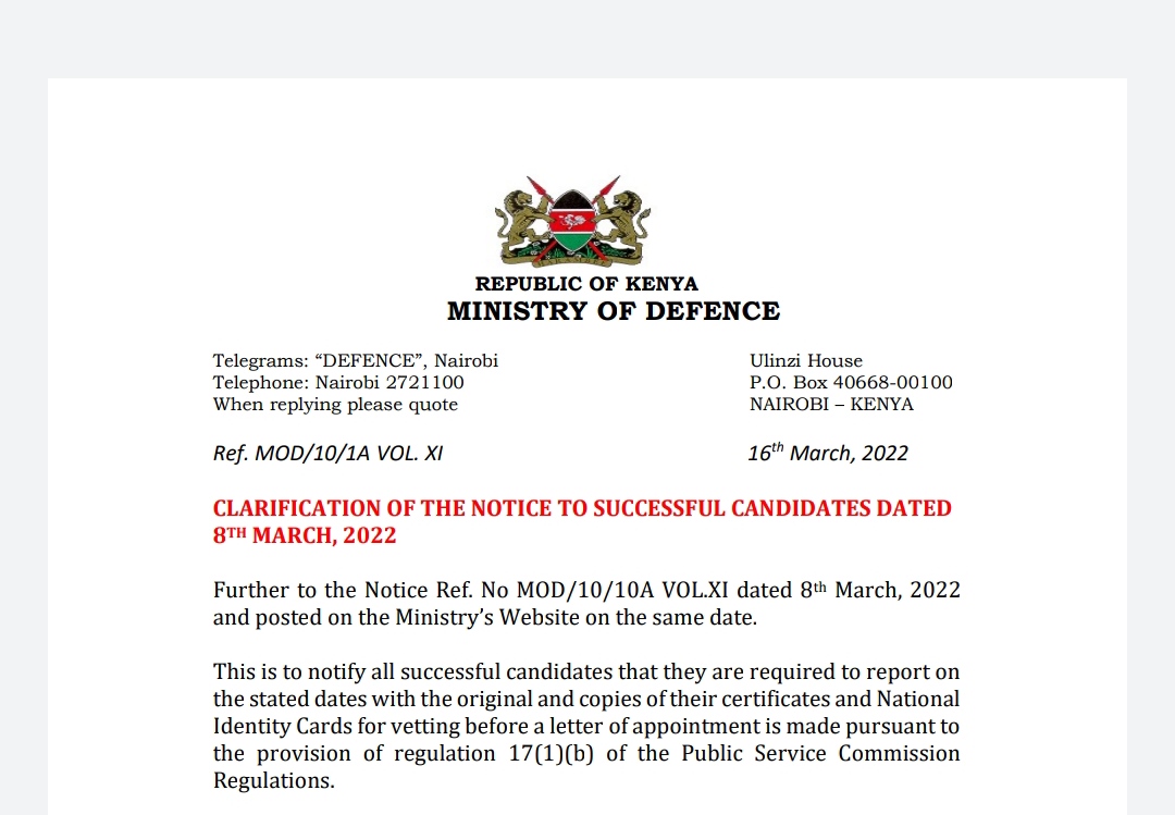 CLARIFICATION OF THE NOTICE TO SUCCESSFUL CANDIDATES DATED  8TH MARCH, 2022