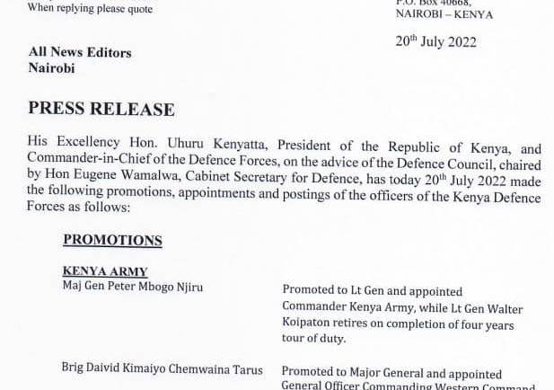 PROMOTIONS, APPOINTMENTS AND POSTINGS OF THE OFFICERS OF THE KENYA DEFENCE FORCES