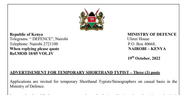 ADVERTISEMENT FOR TEMPORARY SHORTHAND TYPIST – Three (3) posts