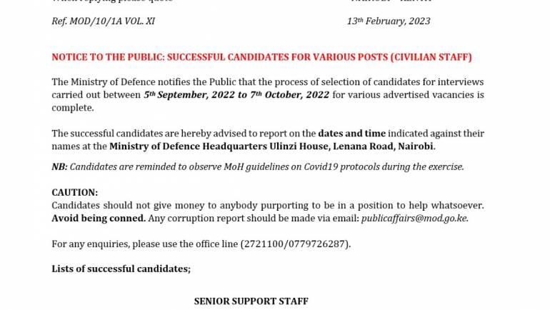 NOTICE TO THE PUBLIC: SUCCESSFUL CANDIDATES FOR VARIOUS POSTS (CIVILIAN STAFF)