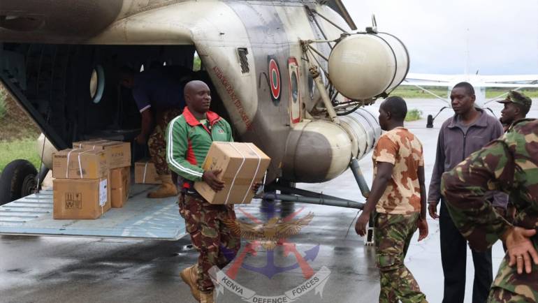 KENYA AIR FORCE PARTNERS WITH WAJIR COUNTY GOVERNMENT AND THE KENYA RED CROSS IN RELIEF FOOD DISTRIBUTION